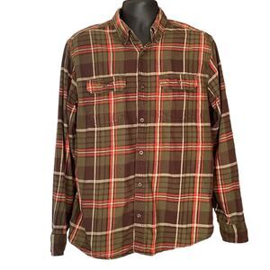George Brown Green Orange Plaid Flannel Button Down, size Large